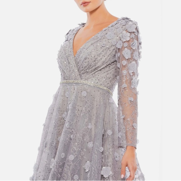 NWT $538 Mac Duggal [ 12 ]‎ Floral Embellished Lace A-Line Dress Sterling Grey - Picture 2 of 16